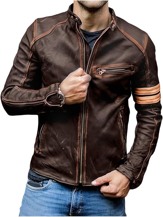 Biker Style Leather Jacket Men-Distressed Vintage Style Cafe Racer Jacket