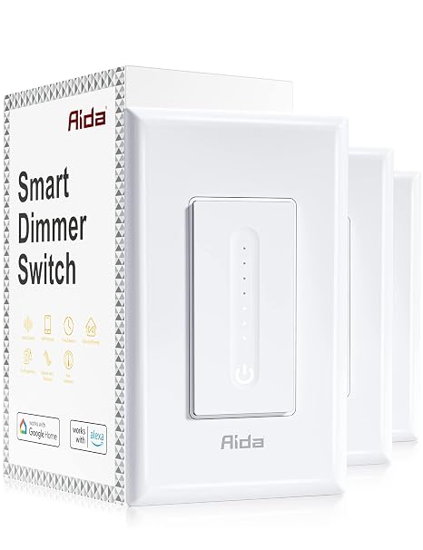 AIDA Smart Dimmer Light Switch, Single Pole Dimmer Switch Works with Alexa and Google Assistant, 2.4GHz WiFi Switch for LED, CFL, Incandescent Bulbs, Need Neutral Wire, No Hub Required, White, 3 Pack