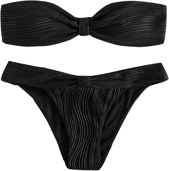 NaRHbrg Women Swimsuit Bandeau Bikini Set Two Piece Bathing Suits Textured Strapless Knot Sexy Comfy Swimwear