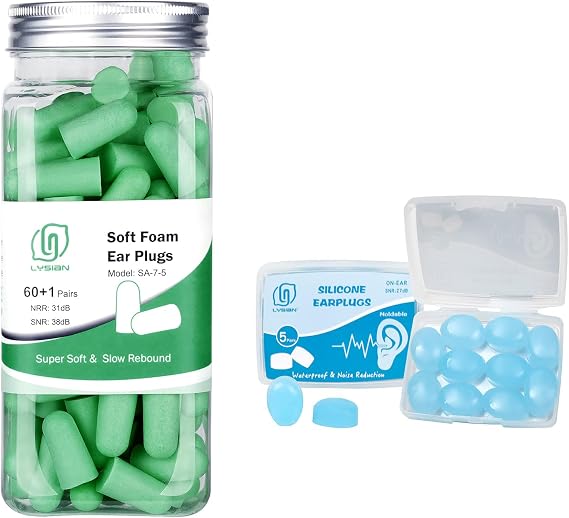 Foam Ear Plugs Yellow-Green 60 Pairs and Silicone Earplugs 5 Pairs by Lysian