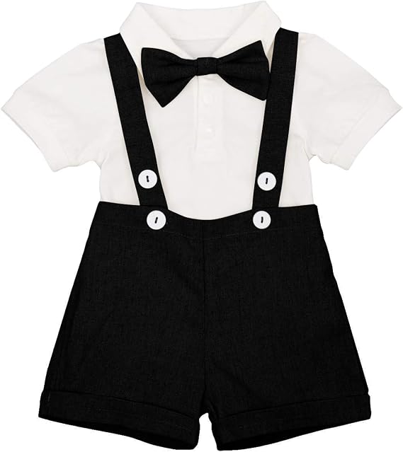 IDOPIP Baby Boys Formal Suit Set Short Sleeve Romper Suspenders Shorts Pants Bowtie Wedding Tuxedo Outfits Cake Smash Clothes
