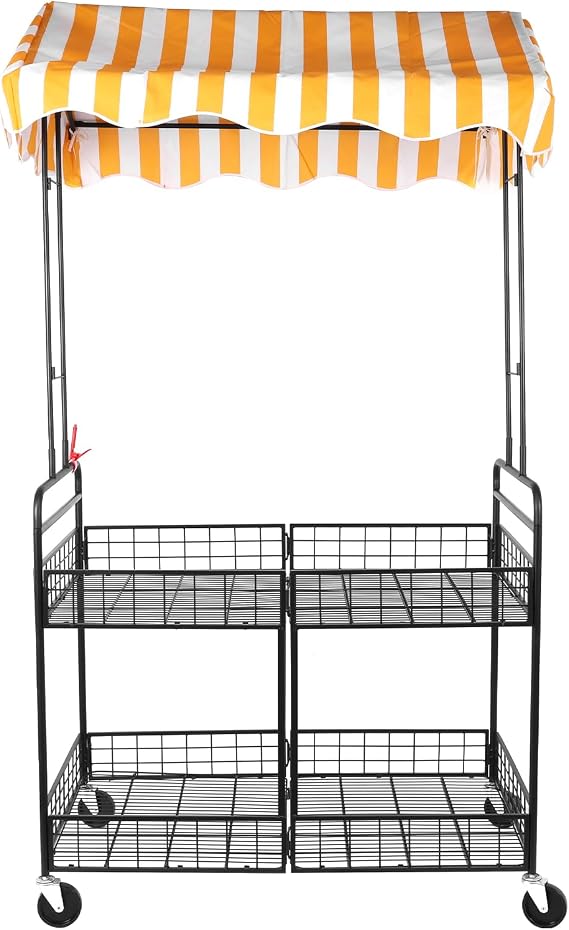 Business Mobile Catering Cart Foldable Pushcart Foldable, Portable Market Street Food Vendor Stalls for Outdoor, Pushcart with Yellow White Canopy
