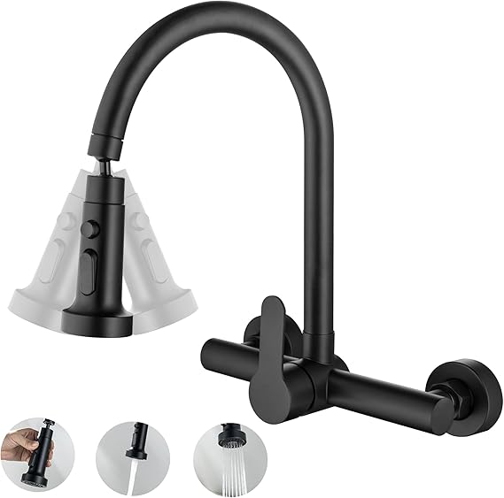 LIWEIKE Wall Mounted Kitchen Tap with 3 Setting Modes Sprayer Single Handle Mixer Tap 360 ° Rotation Kitchen Sink Tap with Adjustable Mounting Hole