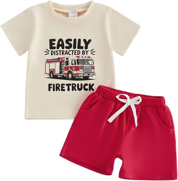 Toddler Baby Boy Fire Truck Short Sleeve T-Shirt Tops Shorts Set Firefighter Outfit 2Pcs Summer Clothes