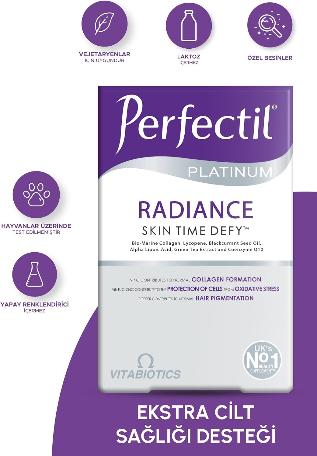 Perfectil Platinum Radiance Skin Time Defy, Tip II Balık Kolajeni, Frenk Üzümü, Silisyum, Biotin, Demir, Magnezyum İçeren Cilt Sağlığı Vitamini