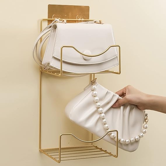2 Grids Pockets Hanging Handbag Storage, Bag and Purse Organizer Holder for Wardrobe Closet Door, Wall Mount Handbag Display Shelves, Metal Iron Material, Gold Modern Design