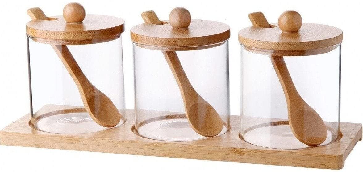 Deconox 3-Piece Glass Spice Bowl with Bamboo Stand, Borasilicate, 3-Piece Spice Set - Experience Order and Taste Together in the Kitchen with Stylish and Functional Bamboo Stand!