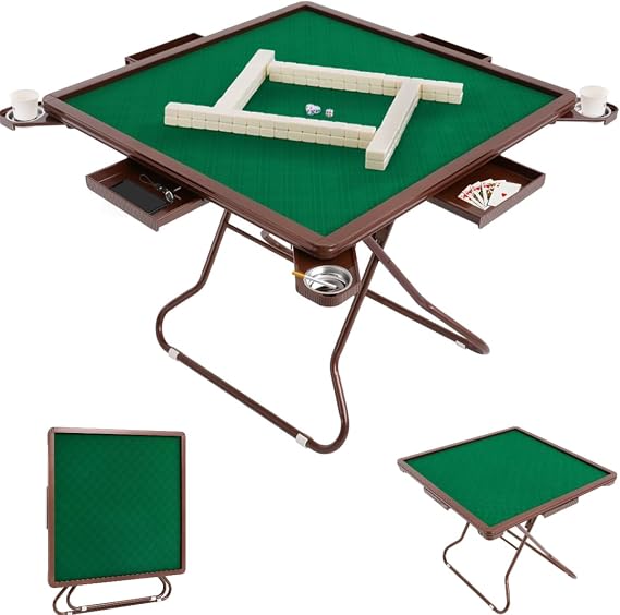Foldable Mahjong Table with Drawers and Cup Holders, 34.65 * 34.65 * 28.74in