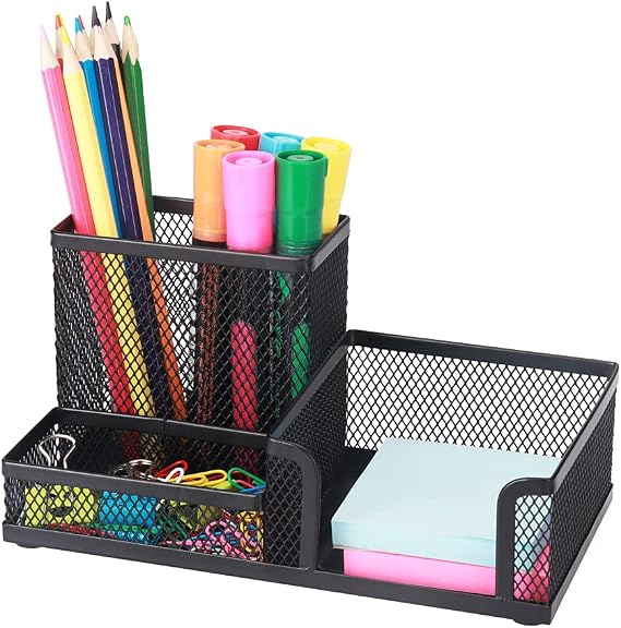 Mesh Metal Pen Holder, 3 Compartment Desk Organizer for Office Black | Sturdy Metal Mesh Pen Organizer, 3 Compartment Desk Caddy with Sticky Note Holder for Office School Home Desktop