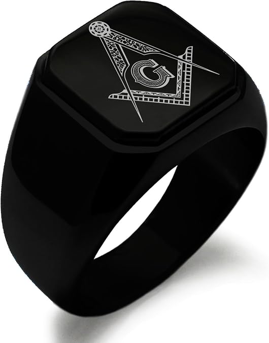 Stainless Steel Signet Biker Rings for Men, Masonic Symbol Square Flat Top (Black, Gold, Silver), Size 7-16