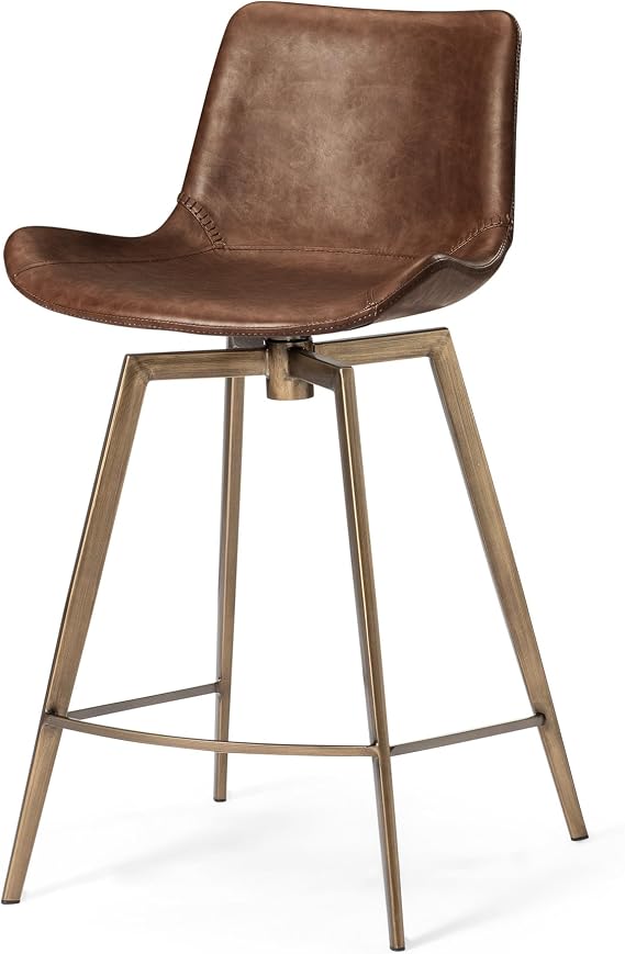 Maven Lane Victor Counter Stool 26 Inches Swivel Stool with Footrest Gold Metal Frame & Brown Faux Leather Upholstery Perfect for Kitchen Island & Counters