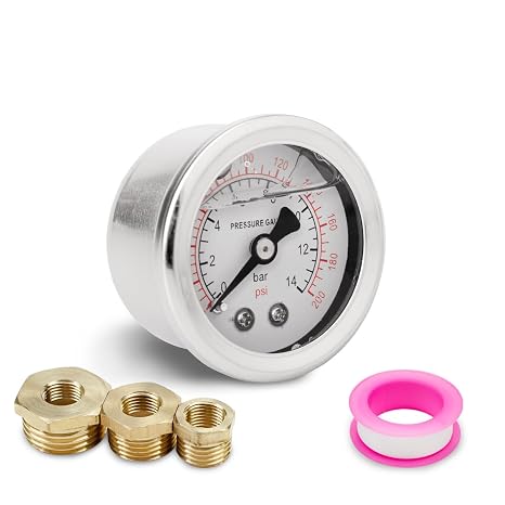 1 Pcs 40mm Pressure Gauge with 3 Bushing Sizes, 0-14 Bar, 0-200 Psi, Teflon Tape & Axial Connection, BSP 1/8"