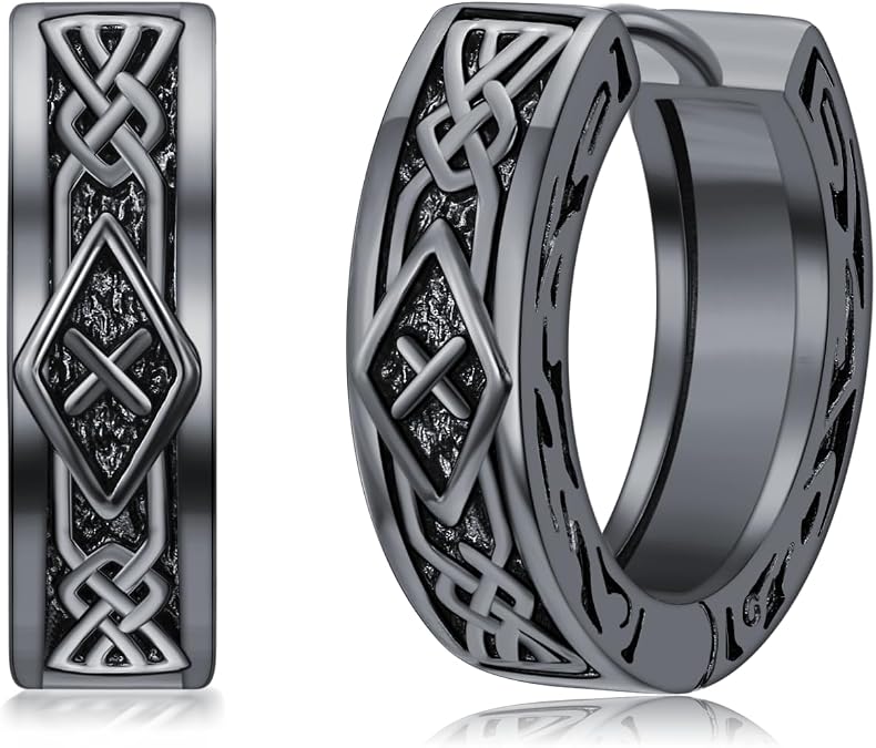 Celtic Viking Hoop Earrings for Men Women S925 Sterling Silver Celtic Irish Knot Black Silver Huggie Hoop Viking Earrings Norse Jewelry Christmas Graduain Gift for Fathers Day Birthday