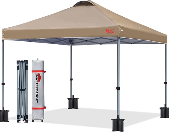 MASTERCANOPY 10x10 Pop Up Canopy Tent, 1 Person Setup Instant Shelter,Outdoor Portable Beach Canopy with Roller Bag, 4 Sandbags, 4 Ropes, 8 Stakes (10x10, Khakie)