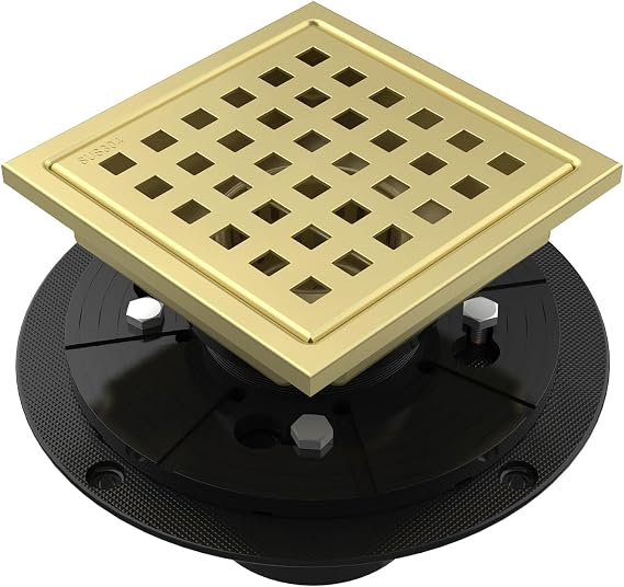 6 Inch Square Shower Drain SUS304 Stainless Steel Bathroom Floor Drain Strainer, Hair Catcher, Anti-Clog, Rust-Resistant, Fast Drainage (Brushed Gold)