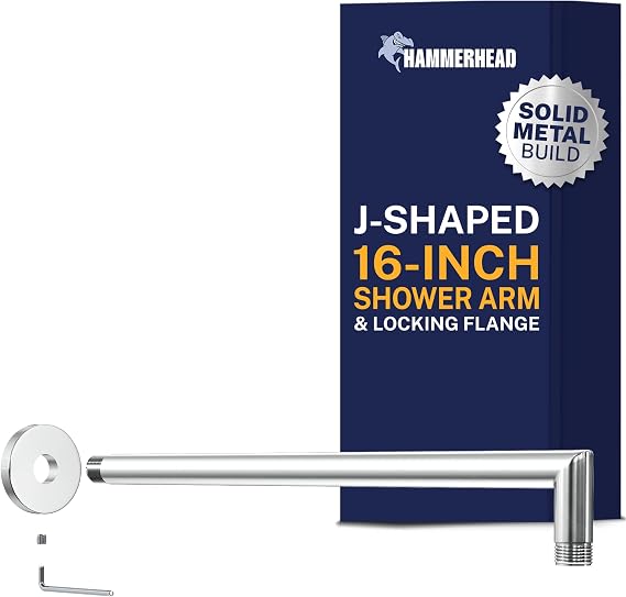 HammerHead Showers Solid Metal 16 Inch Extended Shower Arm and Flange with Set Screw, Long Shower Arm, Extends Rain Shower Overhead, Wall-Mounted Rain Shower Arm, Chrome