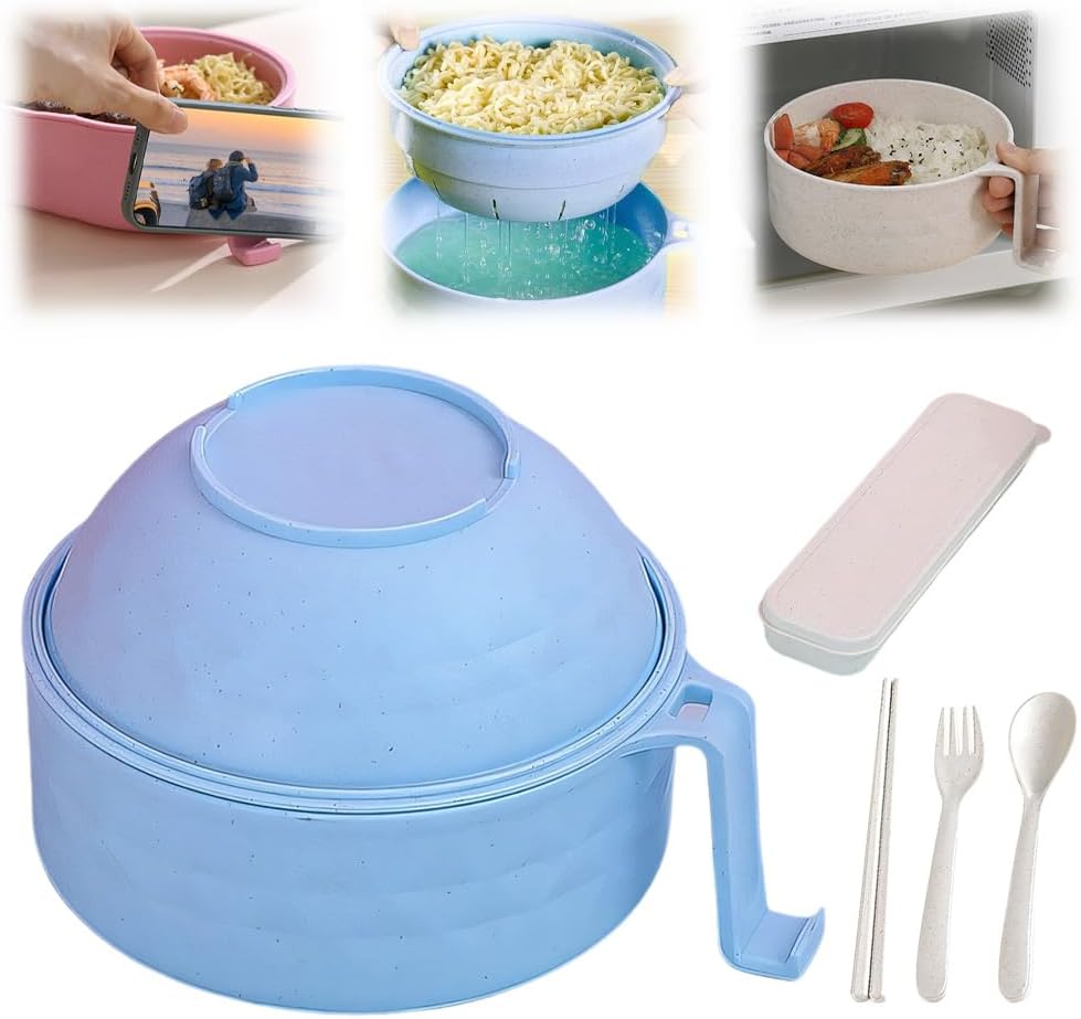 Microwave Ramen Bowl with Lid, 2025 Upgrade Ramen Noodle Bowl Set with Chopsticks Spoon Fork Strainer, Ramen Portable Microwavable Ramen Bowsl for Dorm Home Office Blue