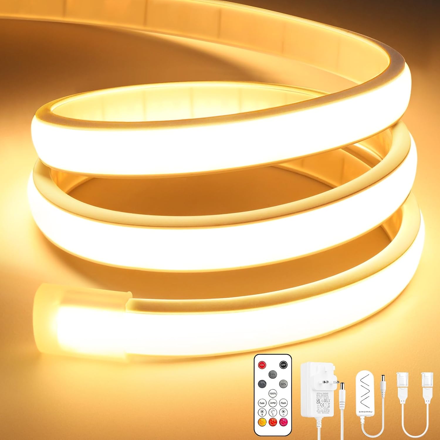 Lamomo COB LED Strip Light, 5M Warm White Led Lights for Bedroom with Remote, Dimmable Flexible Waterproof Silicone 3000K 24V Neon Rope Light for Kitchen, Cabinet, Outdoor, CRI90+, UKCA Transformer [Energy Class F]
