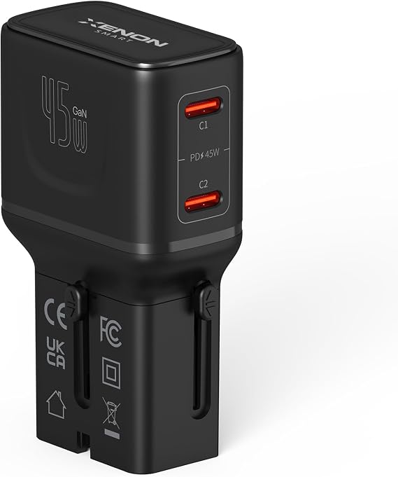Xenon Smart Priz Dönüştürücü | 45W GaN Hızlı Şarj 200+ Ülke 2x USB-C PD PPS Seyahat Adaptörü X6409