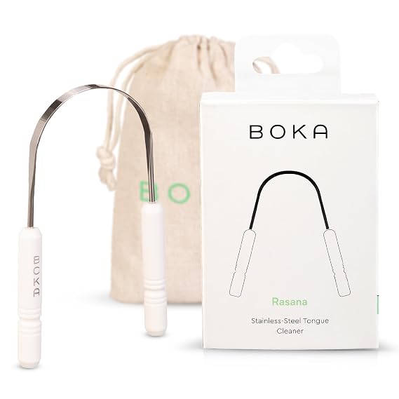 Boka Stainless Steel Tongue Scraper with Travel Pouch 1Pack | Removes tongue buildup and freshens breath, includes linen travel pouch and case, safe for adults and kids.