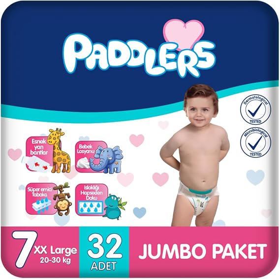 Paddlers Bebek Bezi 7 Numara XX-Large (20-30 Kg) 32 Adet – Jumbo Paket, Yüksek Emicilik