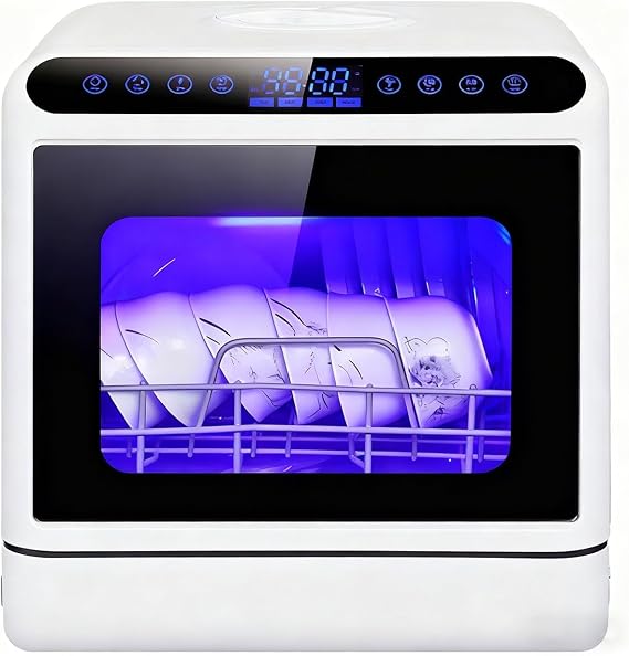 Portable Dishwasher Countertop Countertop Dishwasher with Built-In 5L Tank, Mini Dishwasher for Small Apartments, 3 Wash Programs, Glass Door, Compact Dish Washer for RV Kitchens