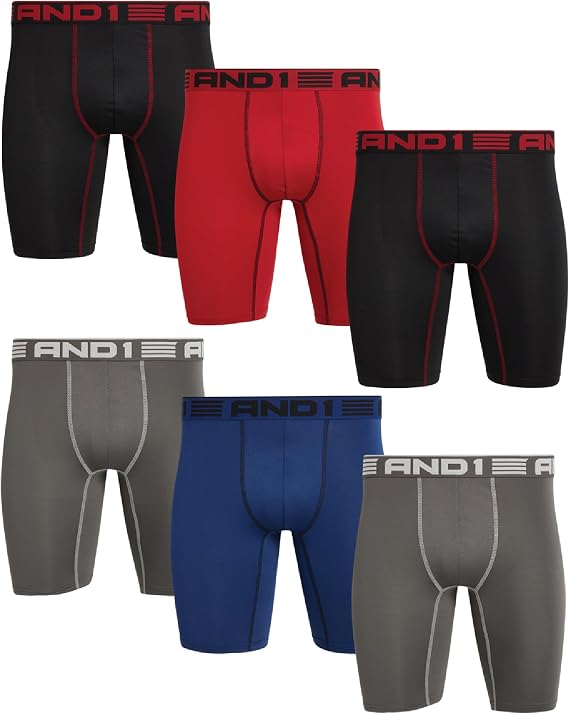 AND1 Mens Athletic Performance Long Leg Boxer Briefs with No Fly, 9" Inseam