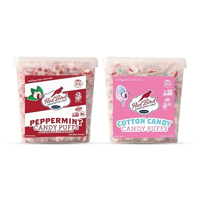 Red Bird Peppermint and Cotton Candy Puffs, 52 oz Tubs Bundle, Individually Wrapped Candy Breath Mints, Kosher, Gluten-Free Candy Great For Parties, Events, Gifting, Office, Church, and Restaurants