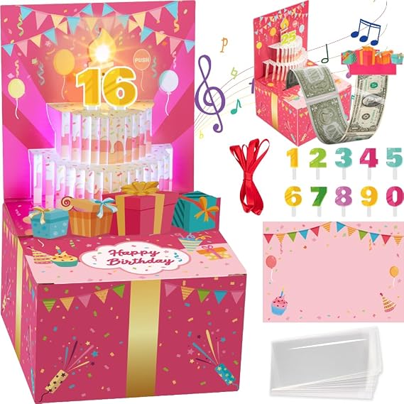 Surprise Musical Pop Up Birthday Card, Money Roll Pull Box, Cash Gift Box for Women, Girls