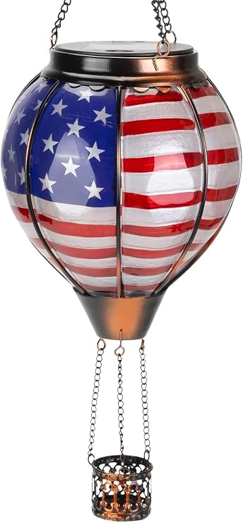 Hot Air Balloon Solar Lantern, American Flag Glass Solar Light Garden Decor | Flickering Flame Effect, Durable Glass, Rustproof, Waterproof, Hanging Light, Gifts for Patio Yard Porch Decor