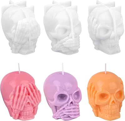 HUAKENER 3 Pack Skull Candle Molds, 3D Skull Resin Molds, Hear-no, Speak-no, See-no Skull Silicone Molds for Candle, Epoxy Resin, Soap, Halloween Cake Decor