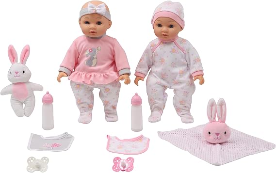 Dream Collection: Deluxe Twin Set - Bunny - 2 Lifelike 14" Baby Dolls, 4 pc Feeding Accessories, Soft Body, Pacifiers, Pretend Play, Kids Ages 2+