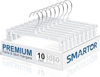 Smartor Skirt Hangers | Pants Hanger with Clips | 10 30 60 Pack Available | Space Saving| Durable| Strong Clips| Pant Hanger for Men| White Hangers Clips for Women Shorts, Jeans, Slacks - 10 Pack
