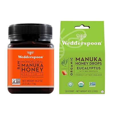 Bundle - Wedderspoon Raw Premium Manuka Honey KFactor 16 35.2 Oz and Manuka Honey Drops Eucalyptus & Bee Propolis 4 Oz