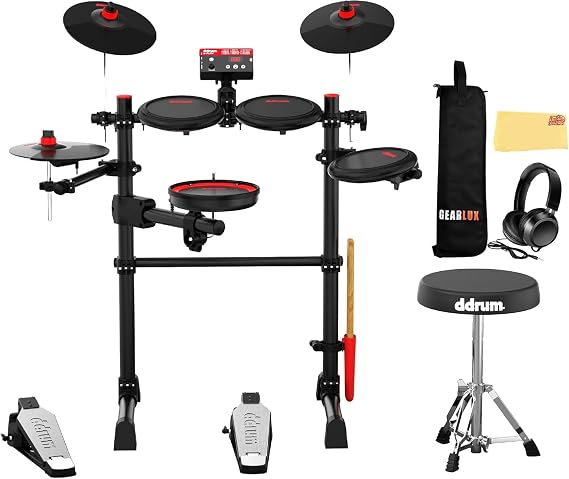 ddrum E-FLEX Complete Electronic Drum Set Bundle with Mesh Drum Heads, Drum Throne, Drumstick Bag, Sticks, Headphones, and Austin Bazaar Polishing Cloth