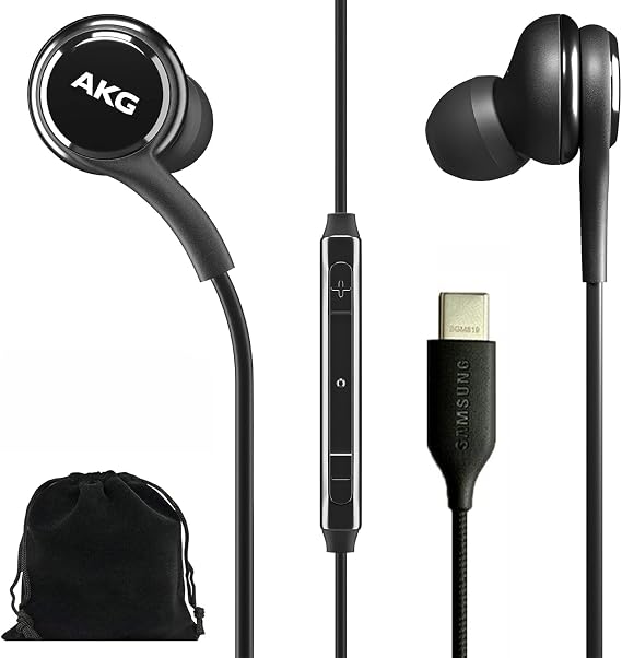 SAMSUNG AKG Earbuds Original USB Type C In-Ear Headphones with Remote & Mic for Galaxy A53 5G S22 S21 FE S20 Ultra Note 10 Note 10+ S10 Plus with Braided Velvet Pouch Black