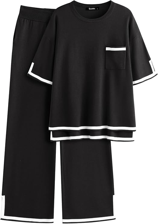 ZANZEA Women's 2 Piece Outfits Lounge Sets Short Sleeve Knit Pullover Tops Wide leg Pajama Sets with Pockets