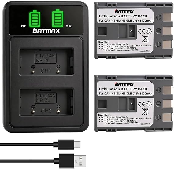 Batmax 2Pcs NB-2L NB-2LH Battery + Dual USB LED Charger for Canon PowerShot G7 G9 S80 S70 S60 S50 S45 S40 S30, Canon DC410 DC420 EOS 350D 400D Digital Rebel XT XTi, VIXIA HF R10