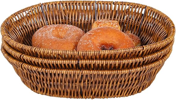3pcs Poly Wicker Bread Basket,Imitation Woven Fruit Basket Tabletop Tray,Handwoven Oval Food Vegetable Baskets for Serving Display Storage Kitchen Restaurant Market Showcase (Oval)