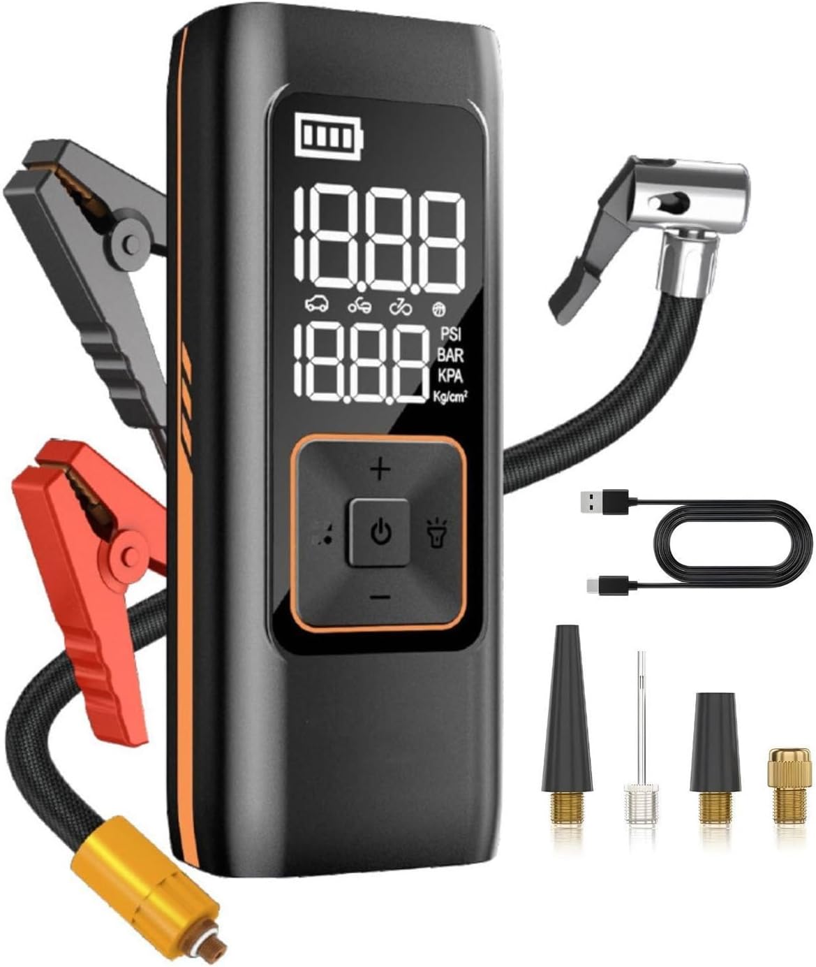 Akü Takviye Jump Starter 8000mAh Araç Marş Basma Cihazı Takviye Kompresör Lastik Şişirme Hava Pompası