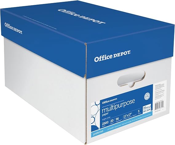 Office Depot Extra Bright Copy Paper, 11in. x 17in., 20 Lb., 90 Brightness, Case Of 5 Reams