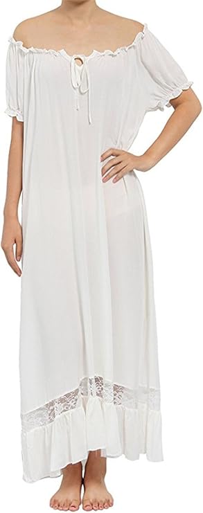 QIKEGooods 100% Cotton Victorian Nightgown Short-Sleeve women Nightdress Pajamas Sleep Shirt
