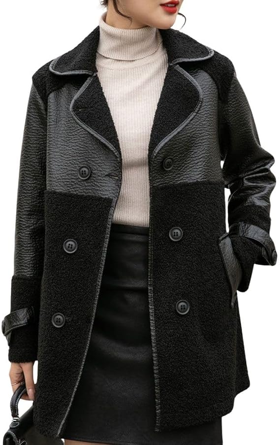 chouyatou Women's Casual Lapel Double Breasted Pu Faux Leather Jacket Reversible Trench Coat