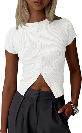 Imily Bela Womens Short Sleeve Sweater Tops Summer Button Down Casual Ribbed Knit Slim Fit Cropped Cardigan Shirts