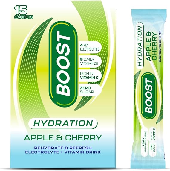 Boost Hydration Electrolytes Powder - Apple and Cherry Flavour - 15x Pack Sugar Free Electrolytes Sachets - Hydration Sachets with Vitamins - 100% Vegan
