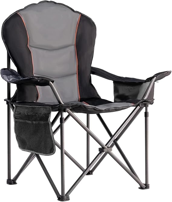 Large Camping Chair with Side Table Heavy Duty 500LBS - Folding Outdoor Chair with Cooler Bag (Black & Gray, 1 PCS)