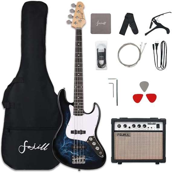 Fojill Full Size 4 Four String Electric Bass Guitar 20W Watt Amplifier Amp Right Hand Beginner Starter Kit Set Combo Bundle Accessory Gig Bag,Strap,Picks,Capo,Noiselss Cable,Strings (Thunder Blue)