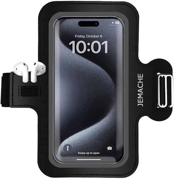 Running Minimalism Designed Cell Phone Armband for iPhone 16 15 14 13 12 11 Pro Max, Samsung Galaxy S24 S23 S22 S21 Ultra/Plus with Airpods Holder (Black, L)