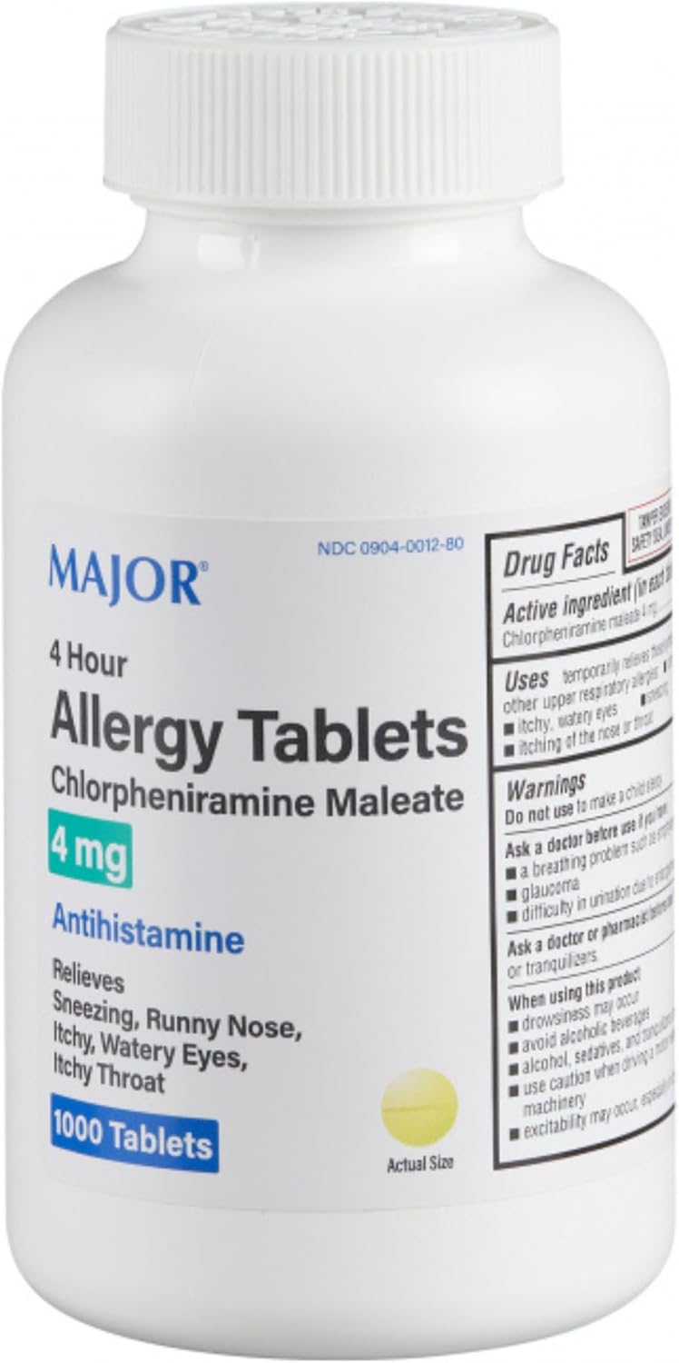 MAJOR 4 Hour Allergy Tablets - Chlorpheniramine Maleate - 4 mg - Antihistamine - 1000 Count