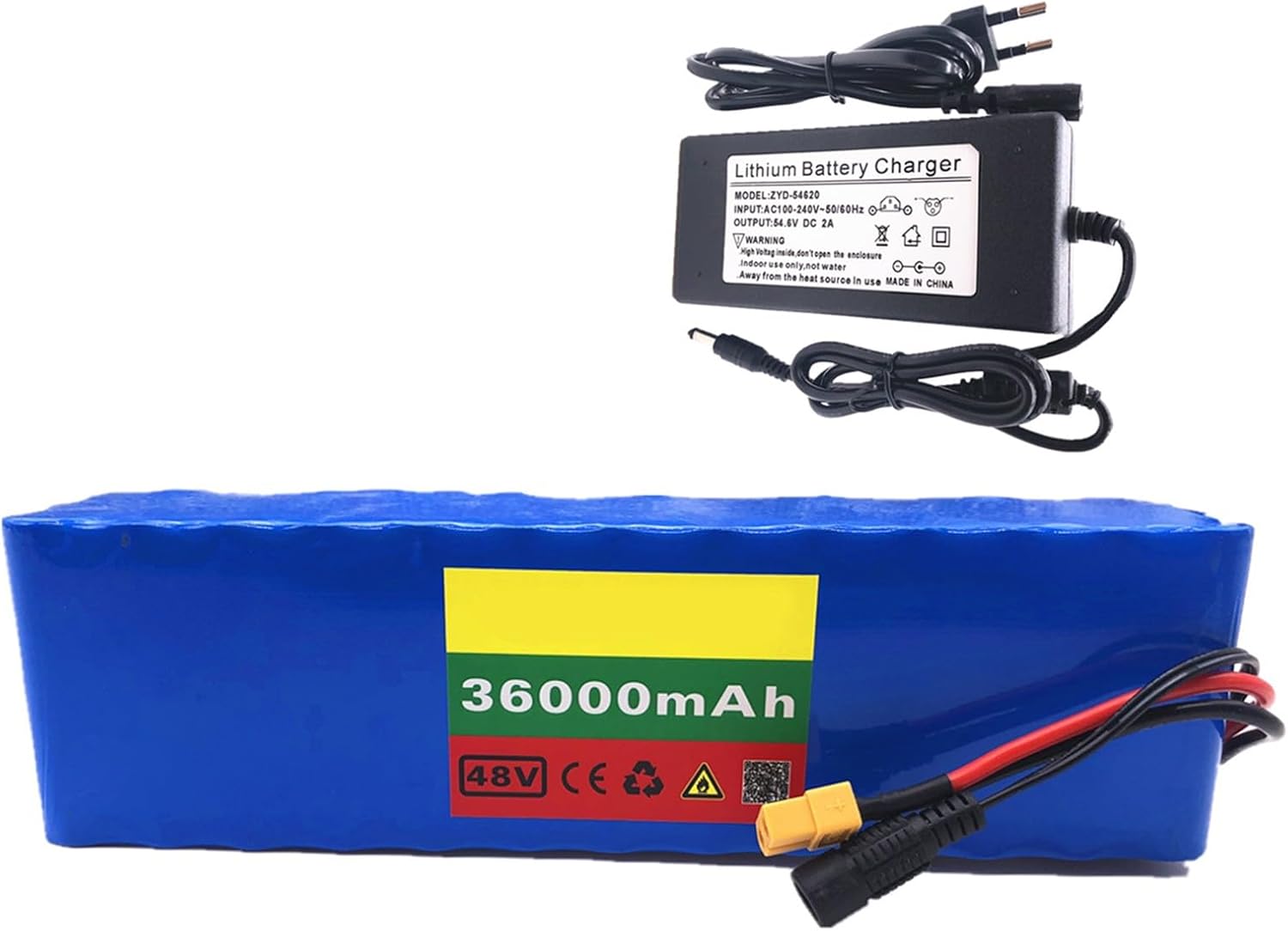 48V 36Ah Lithium-ion Battery Pack with Built-in BMS Protection for E-Bikes, Compatible with 200-1500W Electric Bicycle Motors, XT60 Plug Included